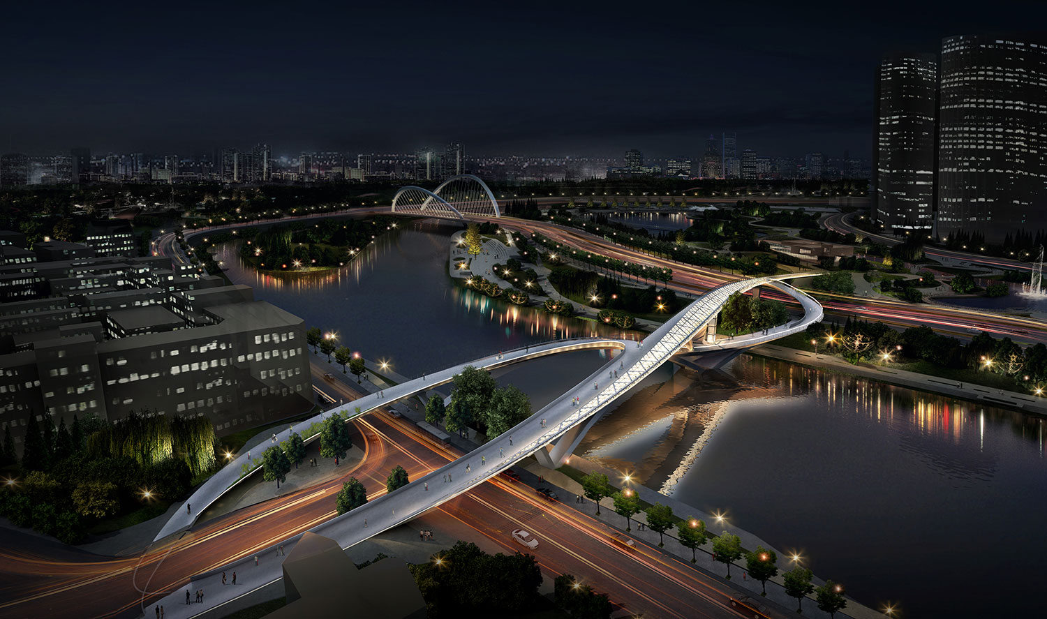 五岔子大橋 - Wuchazi Bridge (INFINITE LOOP) Main Night Shot, WÜNSCHMANN KAUFER ARCHITECTS